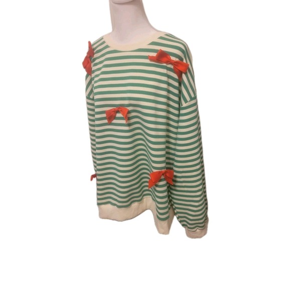 Chic Soul Green Cream Stripe W Red Bows Oversized Knit Sweater - Picture 4 of 6